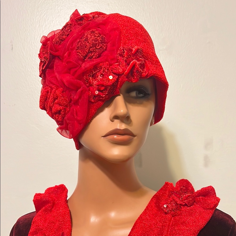2 pc set  Red Floral Women's Hat Church Daytime Flapper Hat Cloche  Fingerless